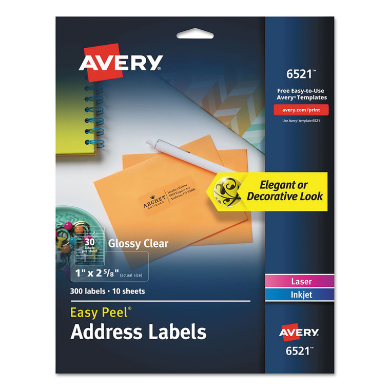 Glossy Clear Easy Peel Mailing Labels W/ Sure Feed Technology, Inkjet/laser Printers, 1 X 2.63, 30/sheet, 10 Sheets/pack - AVE6521