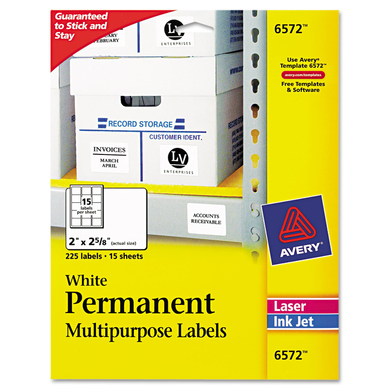 Permanent Id Labels W/ Sure Feed Technology, Inkjet/laser Printers, 2 X 2.63, White, 15/sheet, 15 Sheets/pack - AVE6572