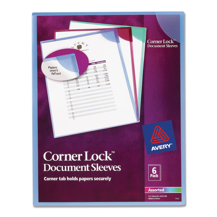 Corner Lock Document Sleeves, Letter Size, Assorted Colors, 6/pack - AVE72262