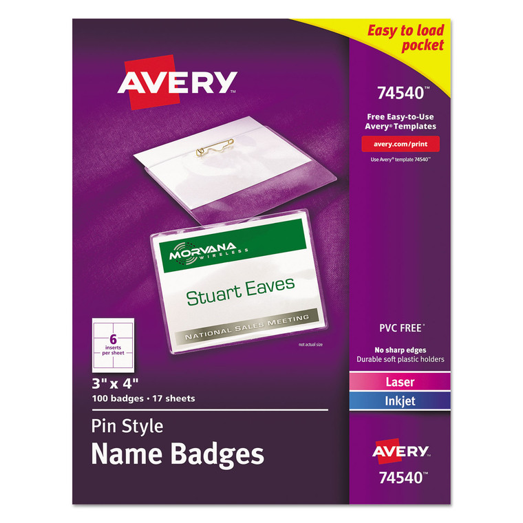 Pin-Style Badge Holder With Laser/inkjet Insert, Top Load, 4 X 3, White, 100/box - AVE74540