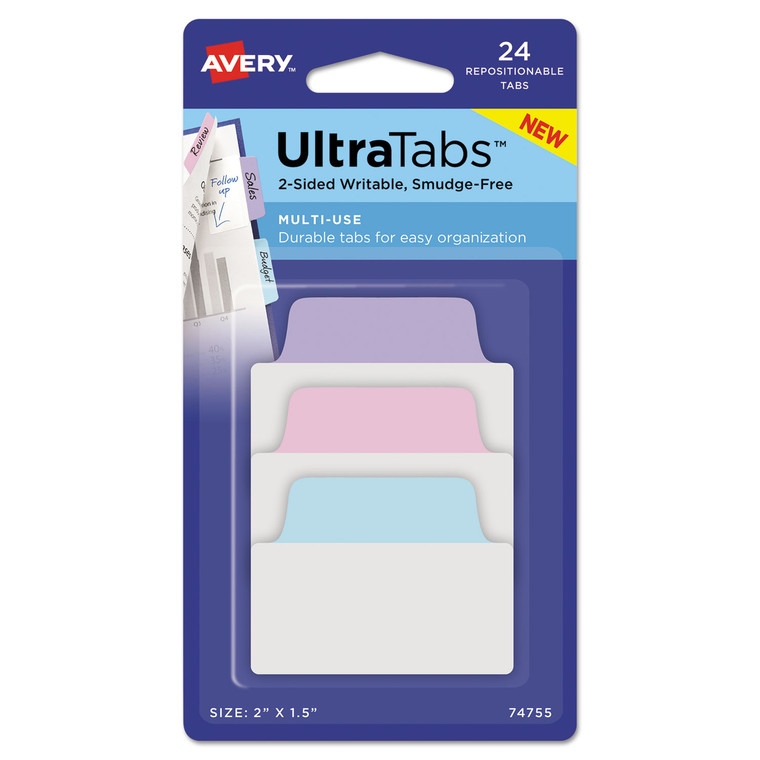 Ultra Tabs Repositionable Standard Tabs, 1/5-Cut Tabs, Assorted Pastels, 2" Wide, 24/pack - AVE74755