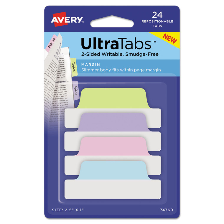 Ultra Tabs Repositionable Margin Tabs, 1/5-Cut Tabs, Assorted Pastels, 2.5" Wide, 24/pack - AVE74769