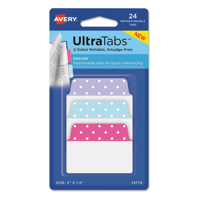 Ultra Tabs Repositionable Standard Tabs, 1/5-Cut Tabs, Assorted Dots, 2" Wide, 24/pack - AVE74773