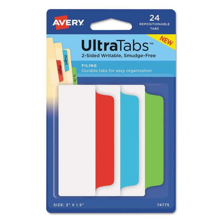 Ultra Tabs Repositionable Wide Tabs, 1/3-Cut Tabs, Assorted Primary Colors, 3" Wide, 24/pack - AVE74775