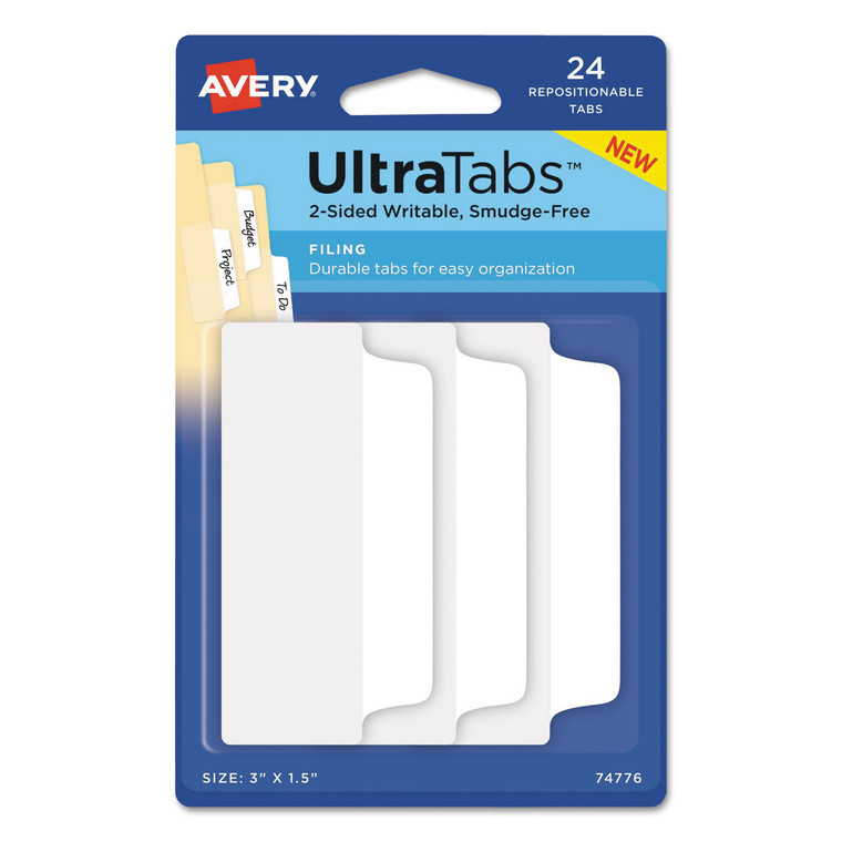 Ultra Tabs Repositionable Wide Tabs, 1/3-Cut Tabs, White, 3" Wide, 24/pack - AVE74776