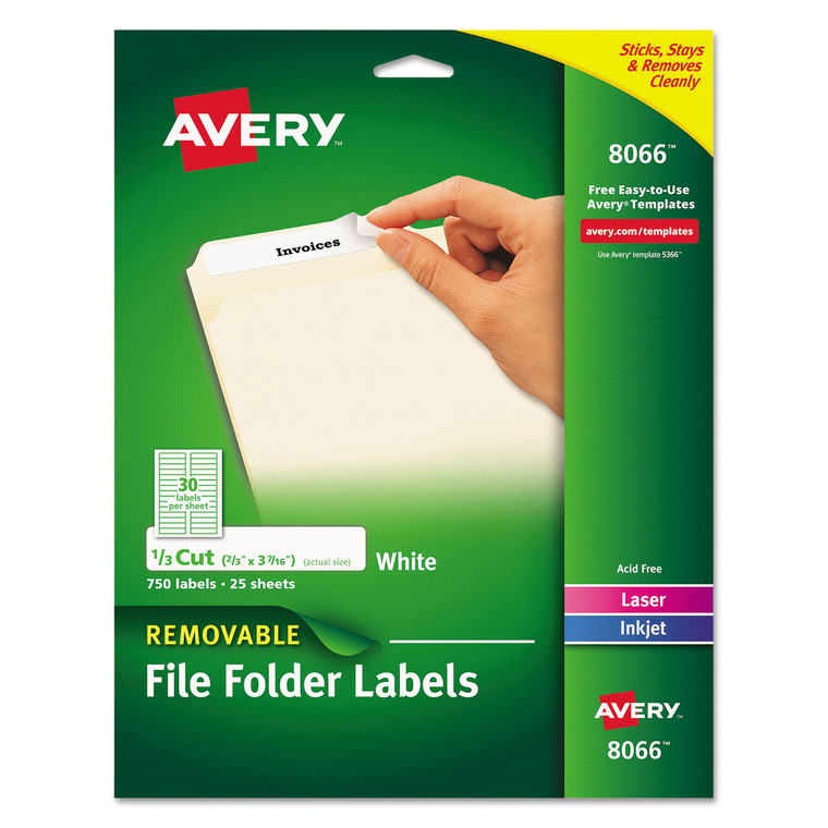 Removable File Folder Labels With Sure Feed Technology, 0.66 X 3.44, White, 30/sheet, 25 Sheets/pack - AVE8066