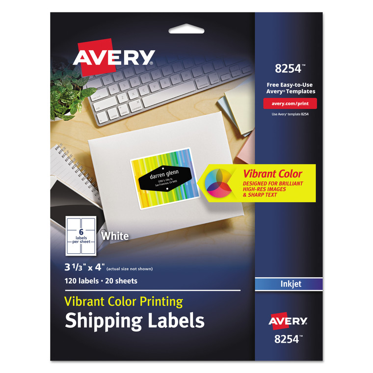 Vibrant Inkjet Color-Print Labels W/ Sure Feed, 3 1/3 X 4, Matte White, 120/pk - AVE8254