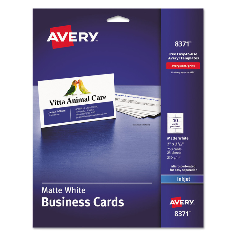 Printable Microperforated Business Cards W/sure Feed Technology, Inkjet, 2 X 3.5, White, 250 Cards, 10/sheet, 25 Sheets/pack - AVE8371