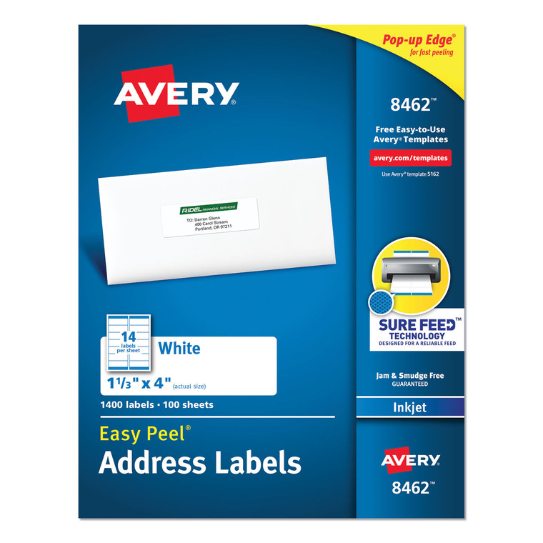Easy Peel White Address Labels W/ Sure Feed Technology, Inkjet Printers, 1.33 X 4, White, 14/sheet, 100 Sheets/box - AVE8462
