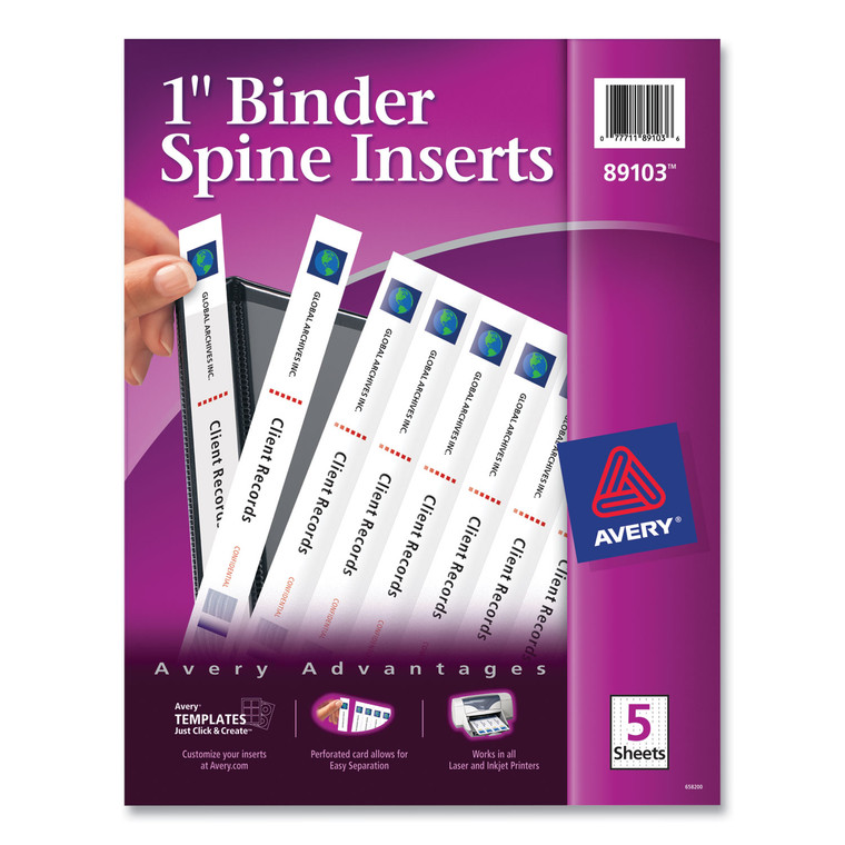 Binder Spine Inserts, 1" Spine Width, 8 Inserts/sheet, 5 Sheets/pack - AVE89103