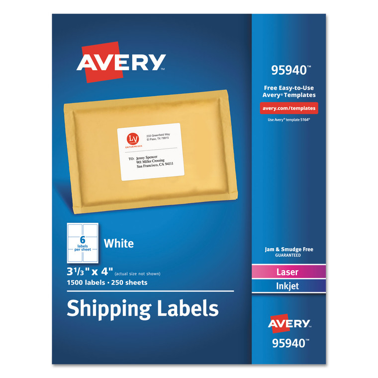 White Shipping Labels-Bulk Packs, Inkjet/laser Printers, 3.33 X 4, White, 6/sheet, 250 Sheets/box - AVE95940