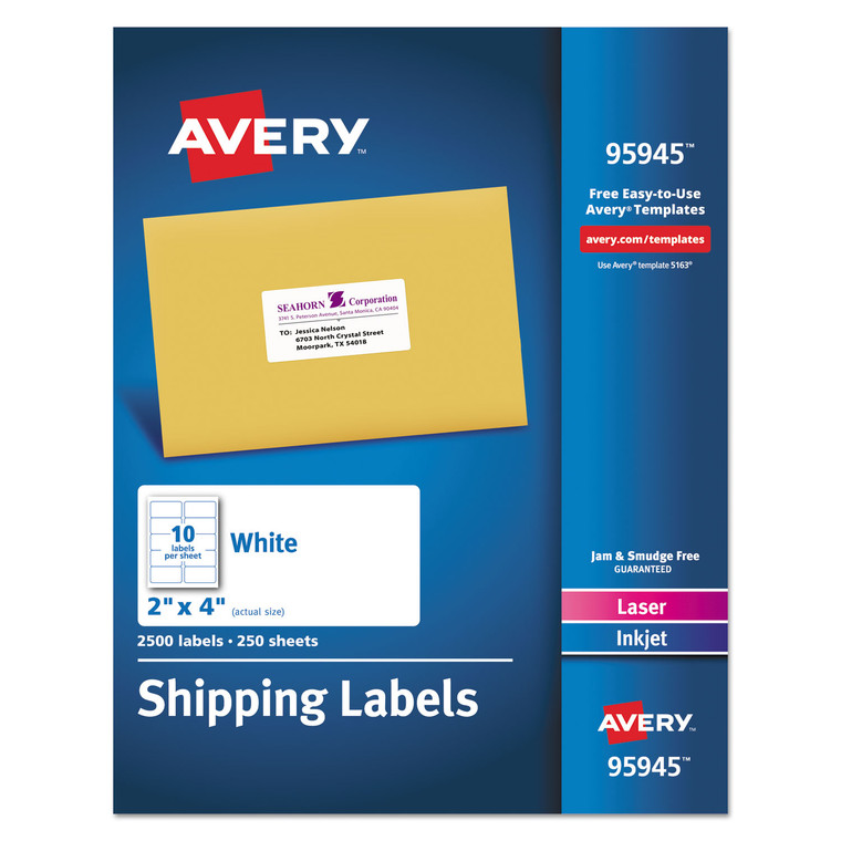 White Shipping Labels-Bulk Packs, Inkjet/laser Printers, 2 X 4, White, 10/sheet, 250 Sheets/box - AVE95945