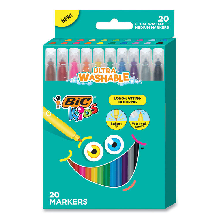 Kids Ultra Washable Markers, Medium Bullet Tip, Assorted Colors, 20/pack - BICBKCM20AST