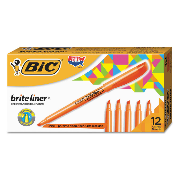 Brite Liner Highlighter, Fluorescent Orange Ink, Chisel Tip, Orange/black Barrel, Dozen - BICBL11OE