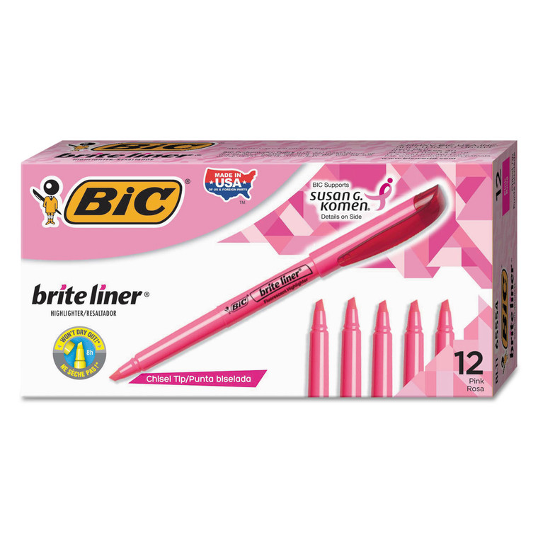 Brite Liner Highlighter, Fluorescent Pink Ink, Chisel Tip, Pink/black Barrel, Dozen - BICBL11PK