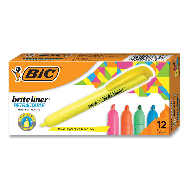Brite Liner Retractable Highlighter, Assorted Ink Colors, Chisel Tip, Assorted Barrel Colors, Dozen - BICBLR11AST