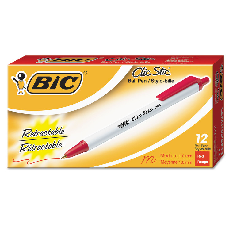 Clic Stic Ballpoint Pen, Retractable, Medium 1 Mm, Red Ink, White Barrel, Dozen - BICCSM11RD