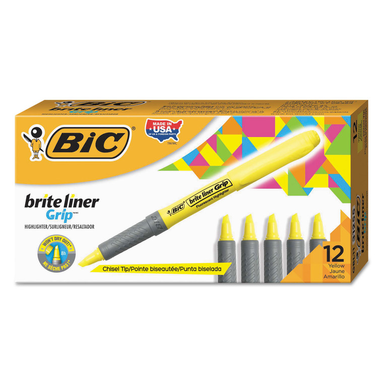 Brite Liner Grip Pocket Highlighter, Fluorescent Yellow Ink, Chisel Tip, Yellow/black/silver Barrel, Dozen - BICGBL11YW