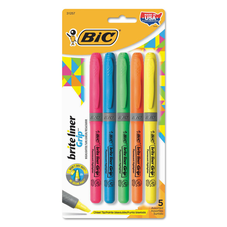 Brite Liner Grip Pocket Highlighter, Assorted Ink Colors, Chisel Tip, Assorted Barrel Colors, 5/set - BICGBLP51ASST