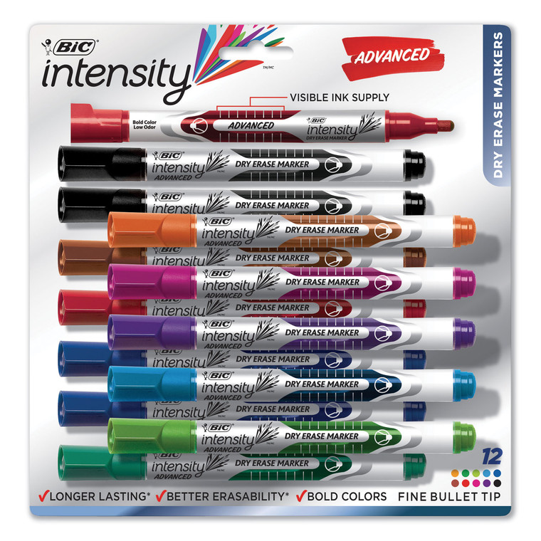 Intensity Advanced Dry Erase Marker, Pocket-Style, Medium Bullet Tip, Assorted Colors, Dozen - BICGELIPP121AST