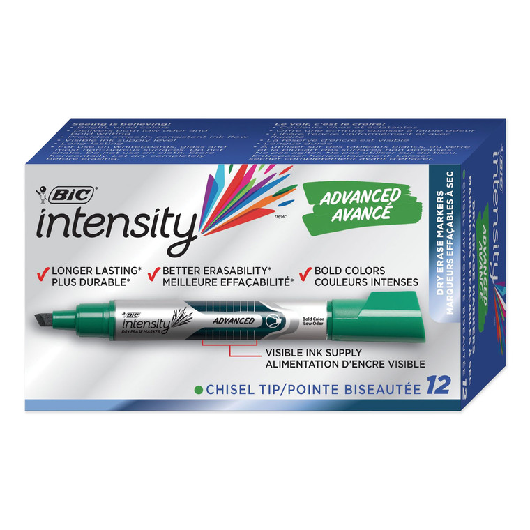 Intensity Advanced Dry Erase Marker, Tank-Style, Broad Chisel Tip, Green, Dozen - BICGELIT11GN