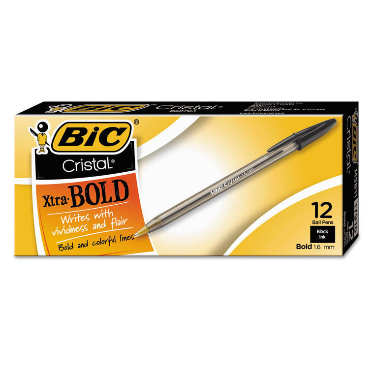 Cristal Xtra Bold Ballpoint Pen, Stick, Bold 1.6 Mm, Black Ink, Clear Barrel, Dozen - BICMSB11BK