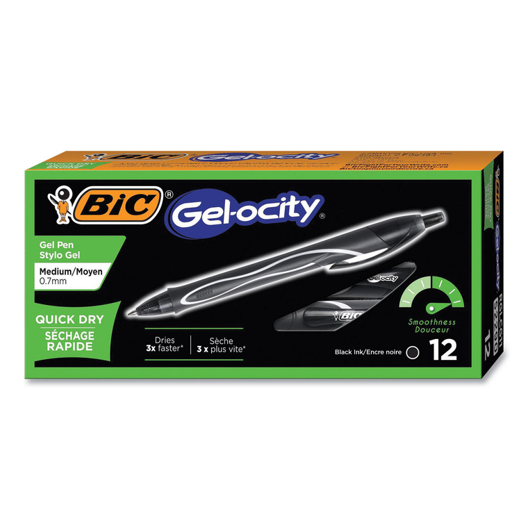 Gel-Ocity Quick Dry Gel Pen, Retractable, Medium 0.7 Mm, Black Ink, Black Barrel, Dozen - BICRGLCG11BK