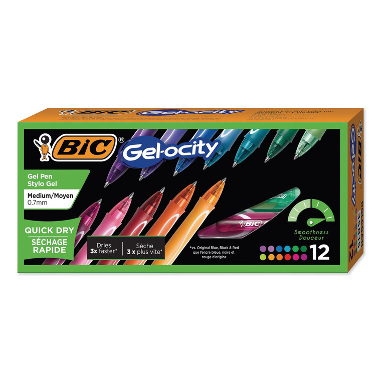 Gel-Ocity Quick Dry Gel Pen, Retractable, Fine 0.7 Mm, 12 Assorted Ink And Barrel Colors, Dozen - BICRGLCGA11AST