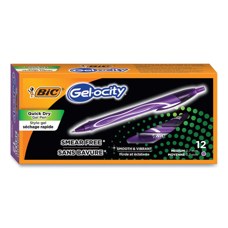 Gel-Ocity Quick Dry Gel Pen, Retractable, Medium 0.7 Mm, Purple Ink, Purple Barrel, Dozen - BICRGLCGA11PPL