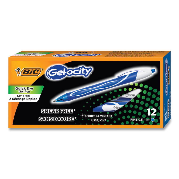 Gel-Ocity Quick Dry Gel Pen, Retractable, Fine 0.5 Mm, Blue Ink, Blue Barrel, Dozen - BICRGLCGF11BE