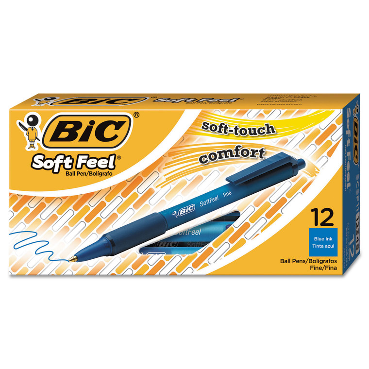 Soft Feel Ballpoint Pen, Retractable, Fine 0.8 Mm, Blue Ink, Blue Barrel, Dozen - BICSCSF11BE