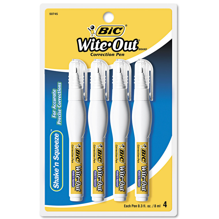 Wite-Out Shake 'n Squeeze Correction Pen, 8 Ml, White, 4/pack - BICWOSQPP418