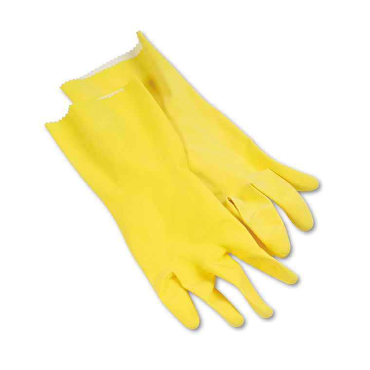 Flock-Lined Latex Cleaning Gloves, Large, Yellow, 12 Pairs - BWK242L
