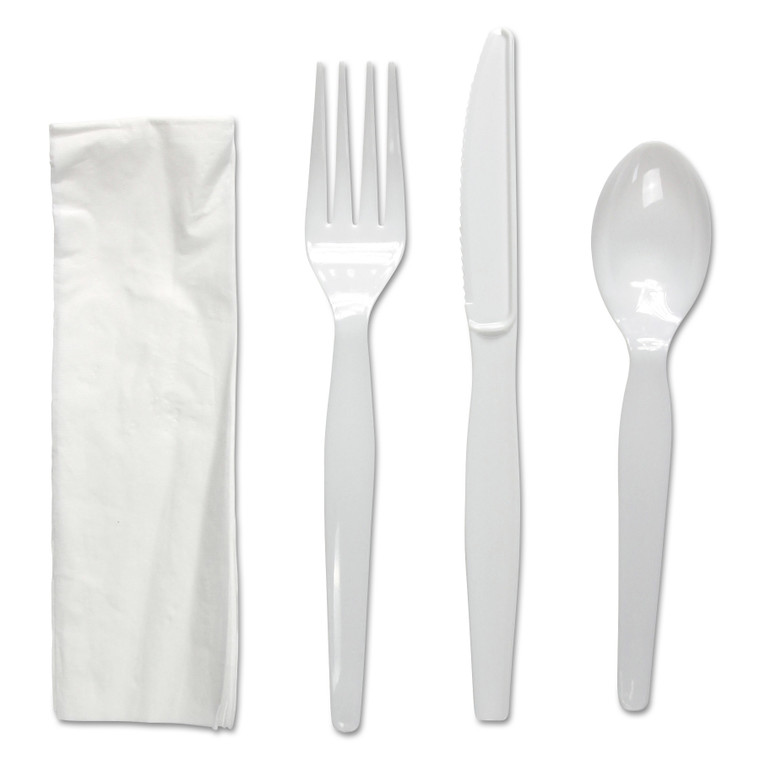 Four-Piece Cutlery Kit, Fork/knife/napkin/teaspoon, Heavyweight, White, 250/carton - BWKFKTNHWPSWH