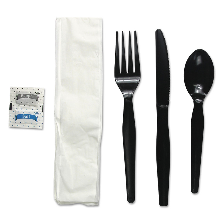 Six-Piece Cutlery Kit, Condiment/fork/knife/napkin/spoon, Heavyweight, Black, 250/carton - BWKFKTNSHWPSBLA