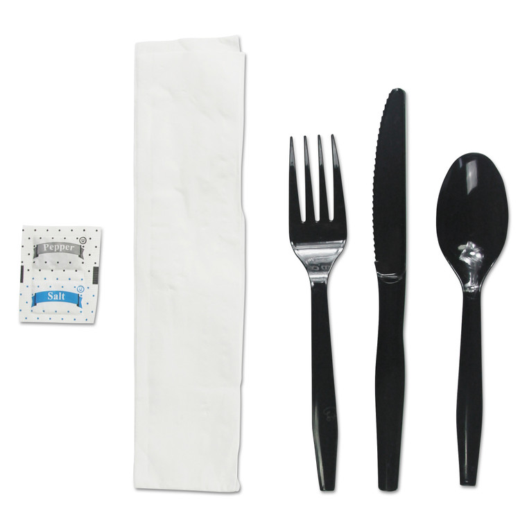 Six-Piece Cutlery Kit, Condiment/fork/knife/napkin/teaspoon, Black, 250/carton - BWKFKTNSMWPSBLA