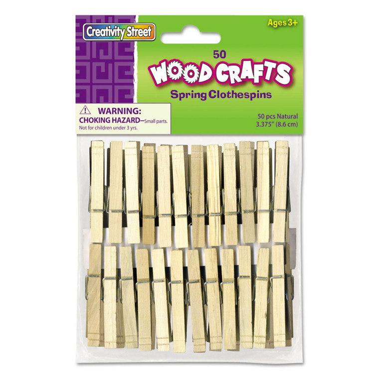 Wood Spring Clothespins, 3.38" Length, Natural, 50/pack - CKC365801