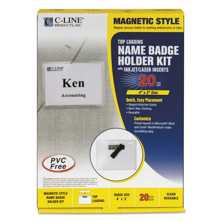 Magnetic Name Badge Holder Kit, Horizontal, 4w X 3h, Clear, 20/box - CLI92943