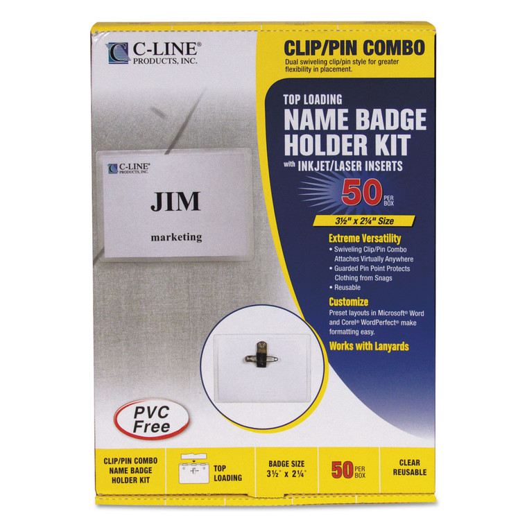 Name Badge Kits, Top Load, 3 1/2 X 2 1/4, Clear, Combo Clip/pin, 50/box - CLI95723