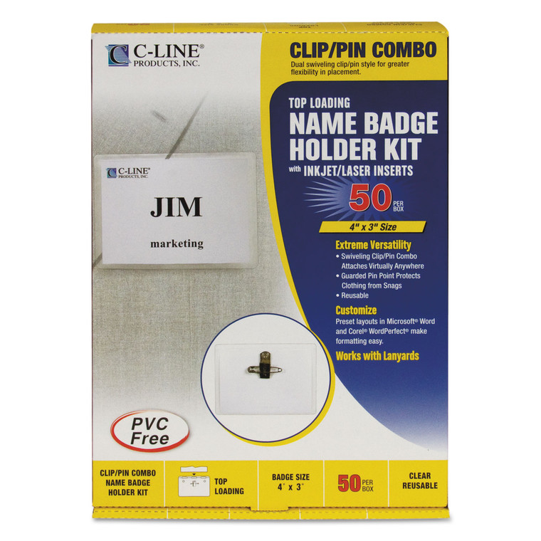Name Badge Kits, Top Load, 4 X 3, Clear, Combo Clip/pin, 50/box - CLI95743