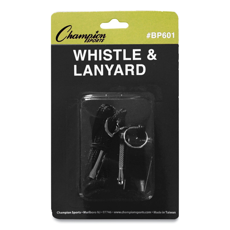 Sports Whistle With Black Nylon Lanyard, Plastic, Black, Dozen - CSIBP601