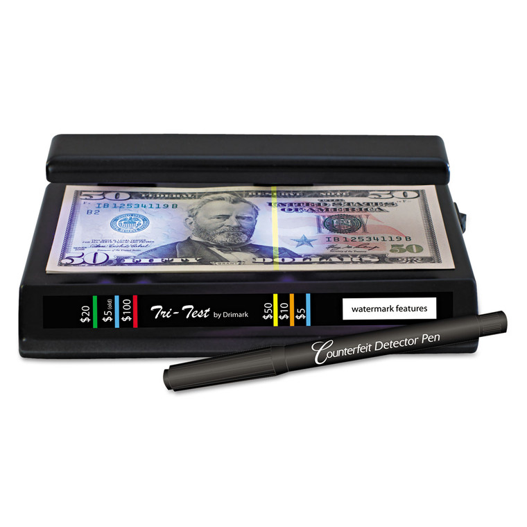 Tri Test Counterfeit Bill Detector With Pen, U.s.; Canadian; Mexican; Eu; Uk; Chinese Currencies, 7 X 4 X 2.5, Black - DRI351TRI