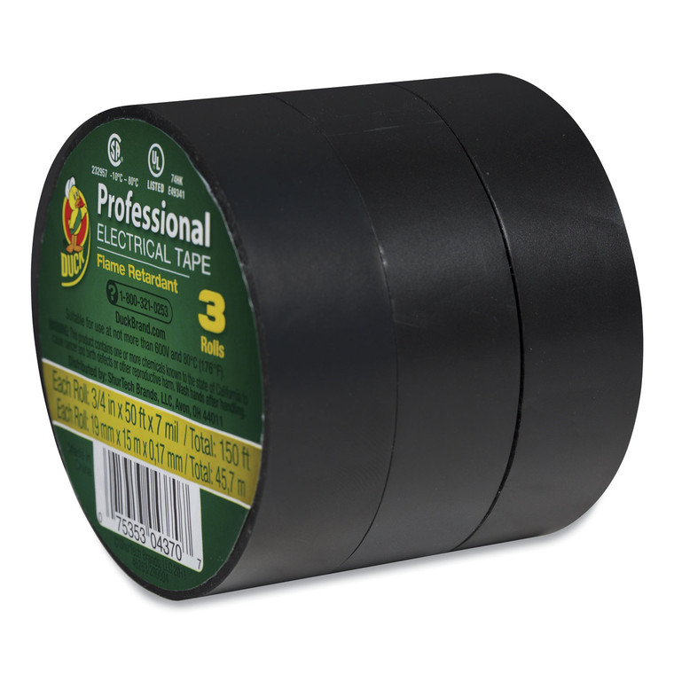 Pro Electrical Tape, 1" Core, 0.75" X 50 Ft, Black, 3/pack - DUC299004