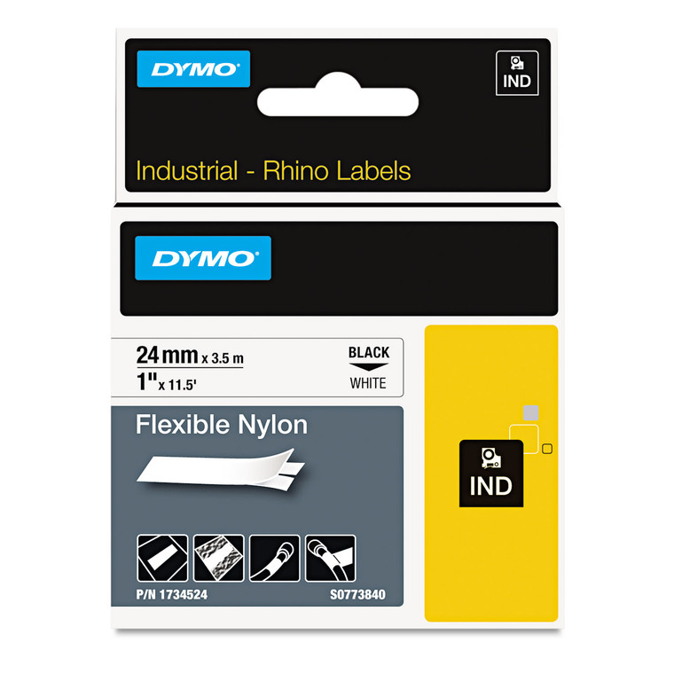 Rhino Flexible Nylon Industrial Label Tape, 1" X 11.5 Ft, White/black Print - DYM1734524