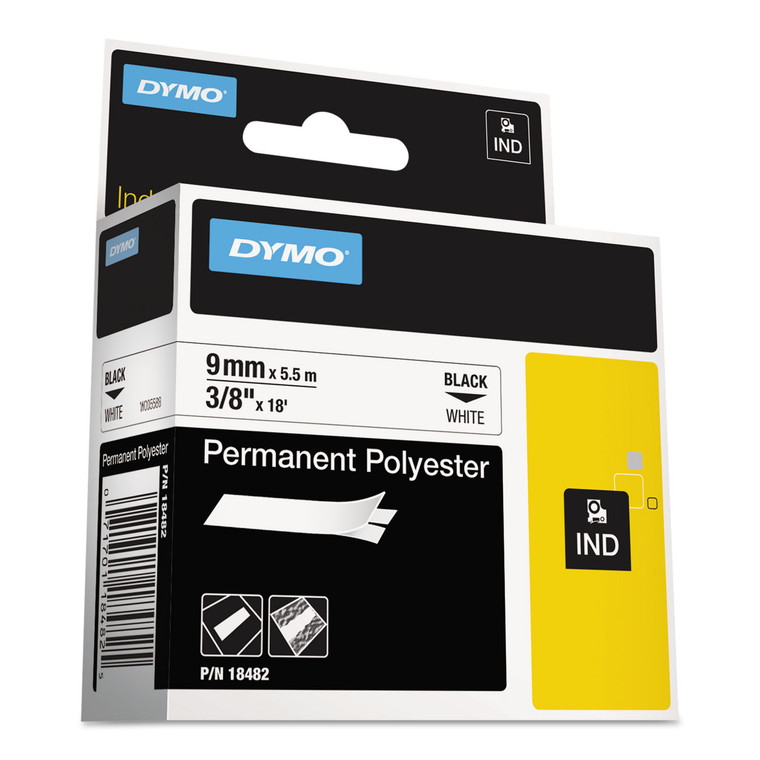 Rhino Permanent Poly Industrial Label Tape, 0.37" X 18 Ft, White/black Print - DYM18482