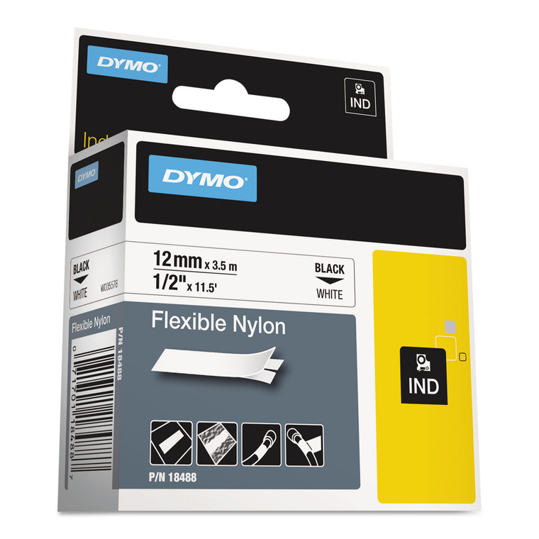 Rhino Flexible Nylon Industrial Label Tape, 0.5" X 11.5 Ft, White/black Print - DYM18488