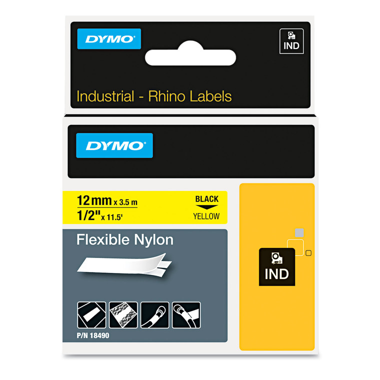 Rhino Flexible Nylon Industrial Label Tape, 0.5" X 11.5 Ft, Yellow/black Print - DYM18490