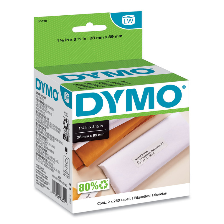 Labelwriter Address Labels, 1.12" X 3.5", White, 260 Labels/roll, 2 Rolls/pack - DYM30320