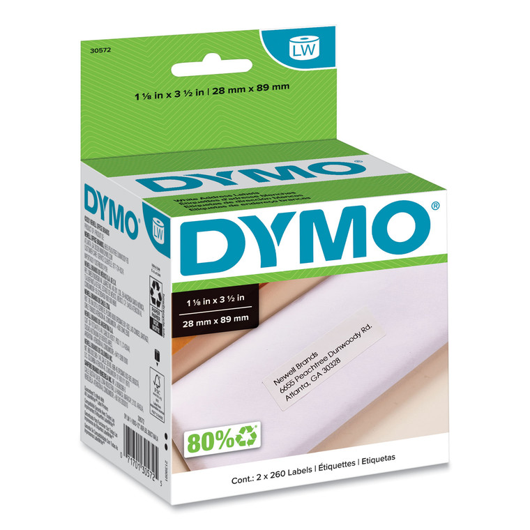 Labelwriter Address Labels, 1.12" X 3.5", White, 260 Labels/roll, 2 Rolls/pack - DYM30572