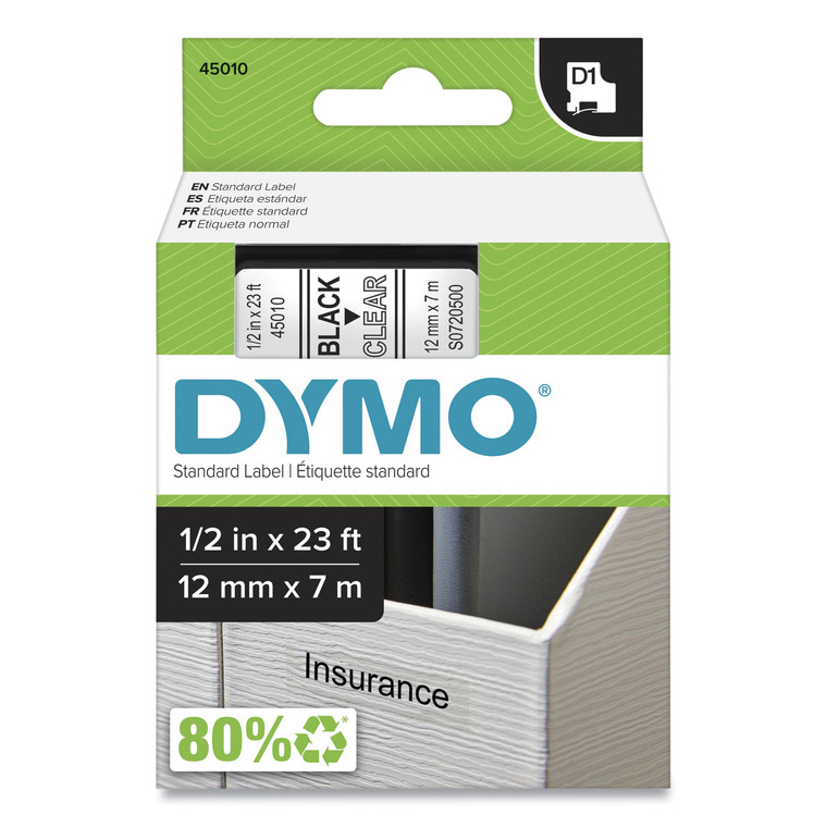 D1 High-Performance Polyester Removable Label Tape, 0.5" X 23 Ft, Black On Clear - DYM45010